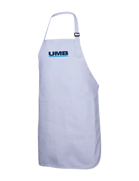 Full-Length White Apron With Pockets w/UMB Logo
