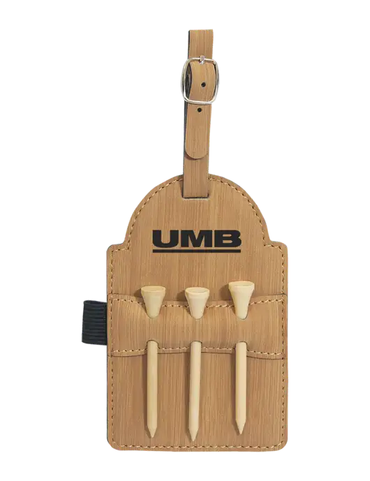 Bamboo Leatherette Golf Bag Tag with 3 Wooden Tees w/UMB Logo