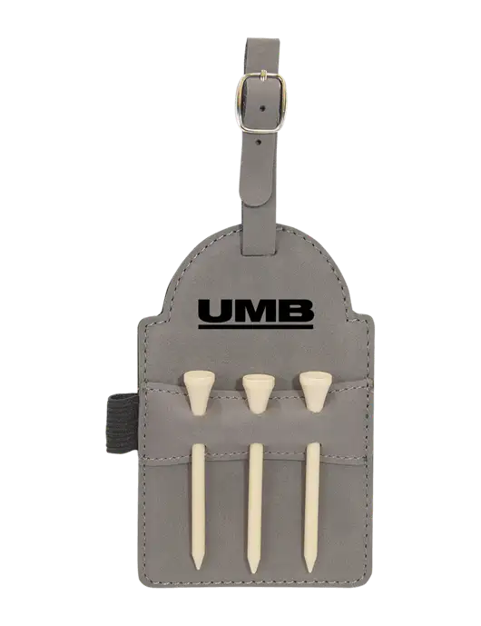 Grey Leatherette Golf Bag Tag with 3 Wooden Tees w/UMB Logo
