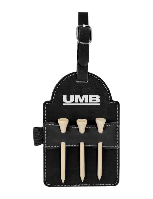 Black Leatherette Golf Bag Tag with 3 Wooden Tees w/UMB Logo