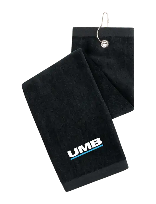 Black Tri-Fold Golf Towel with Grommet w/UMB Logo