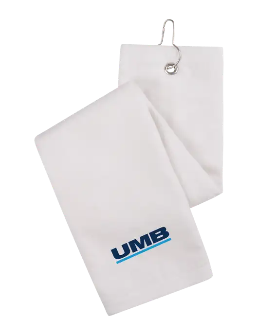 White Tri-Fold Golf Towel with Grommet w/UMB Logo