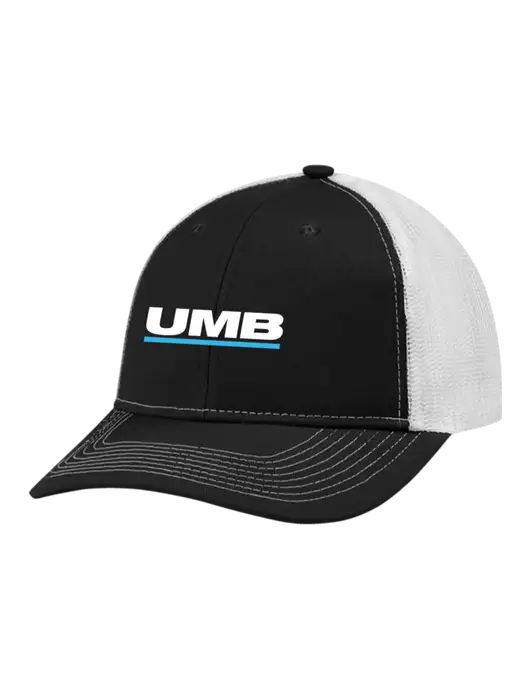 Snapback Ponytail Trucker Cap Black w/White Mesh w/UMB Logo