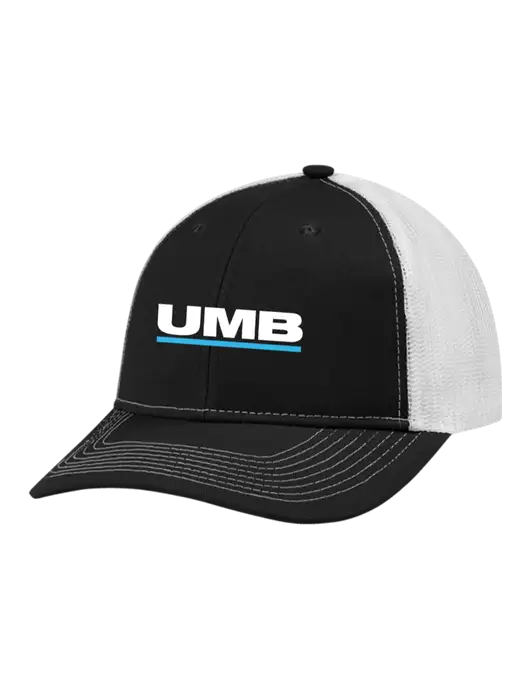 Snapback Ponytail Trucker Cap Black w/White Mesh w/UMB Logo
