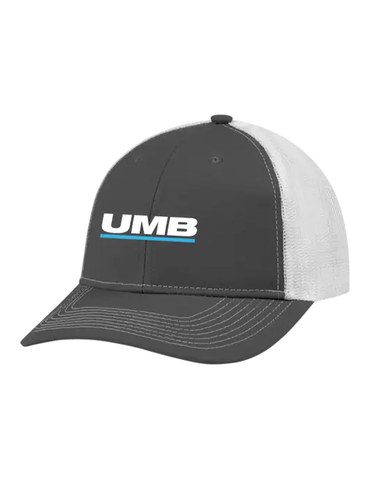 Snapback Ponytail Trucker Cap Dark Grey w/White Mesh w/UMB Logo