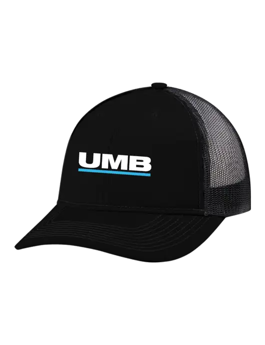 Snapback Ponytail Trucker Cap Black w/Black Mesh w/UMB Logo