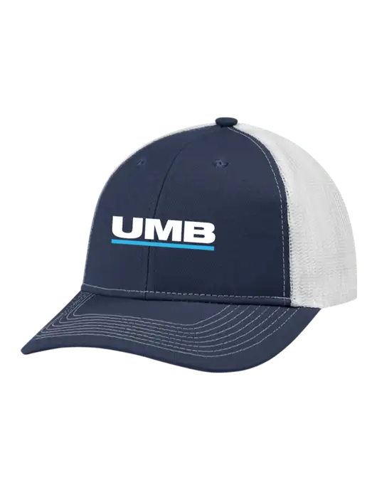 Snapback Ponytail Trucker Cap Navy w/White Mesh w/UMB Logo