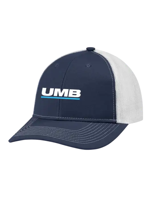 Snapback Ponytail Trucker Cap Navy w/White Mesh w/UMB Logo