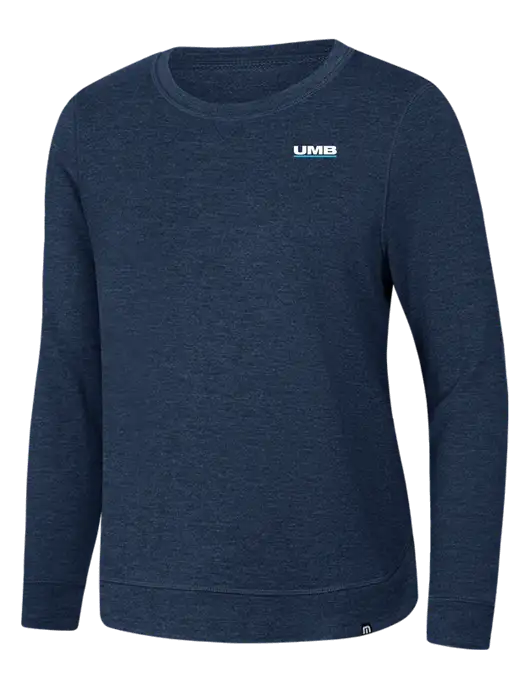 TravisMathew Womens Dark Slate Blue Heather Lightweight Long Weekend Crew w/UMB Logo