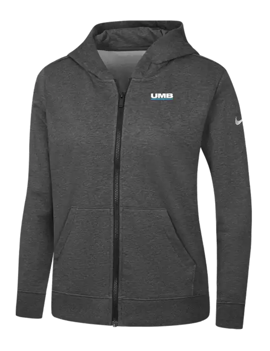 Nike Womens Club Fleece Sleeve Swoosh Full-Zip Charcoal Heather Hoodie w/UMB Logo