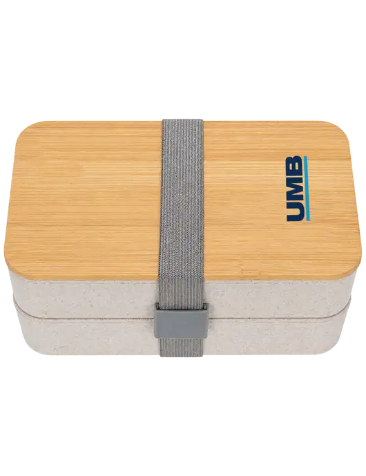 Double Decker Natural Ivory Lunch Box w/Eco-Friendly FSC Bamboo Lid & Reusable Utensils w/UMB Logo