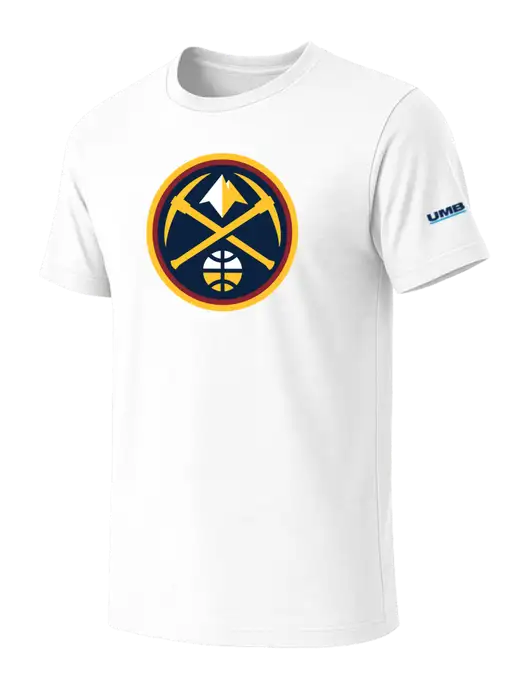 BELLA+CANVAS White Blend CVC Short Sleeve Tee w/Denver Nugget Icon Logo, UMB Logo