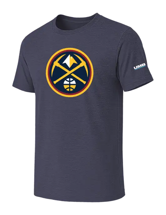 BELLA+CANVAS Heather Navy CVC Short Sleeve Tee w/Denver Nugget Icon Logo, UMB Logo
