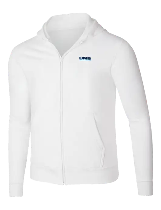 White 8.5 oz Ring Spun Zip Hooded Sweatshirt w/UMB Logo