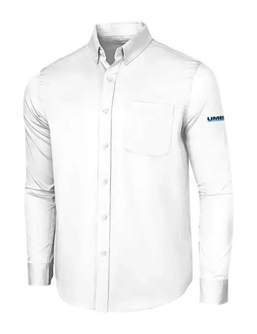 Long Sleeve White Superpro React Twill Shirt w/UMB Logo