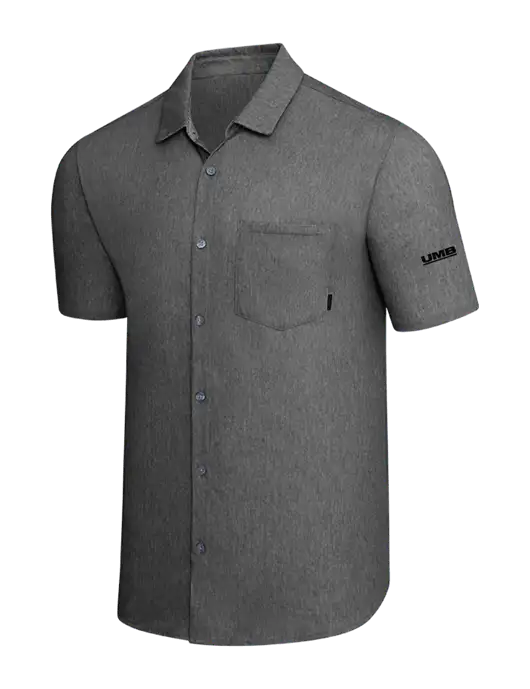 OGIO Dark Grey Heather Extend Short Sleeve Button Up Shirt w/UMB Logo