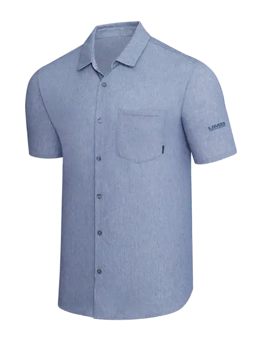 OGIO Slate Blue Heather Extend Short Sleeve Button Up Shirt w/UMB Logo