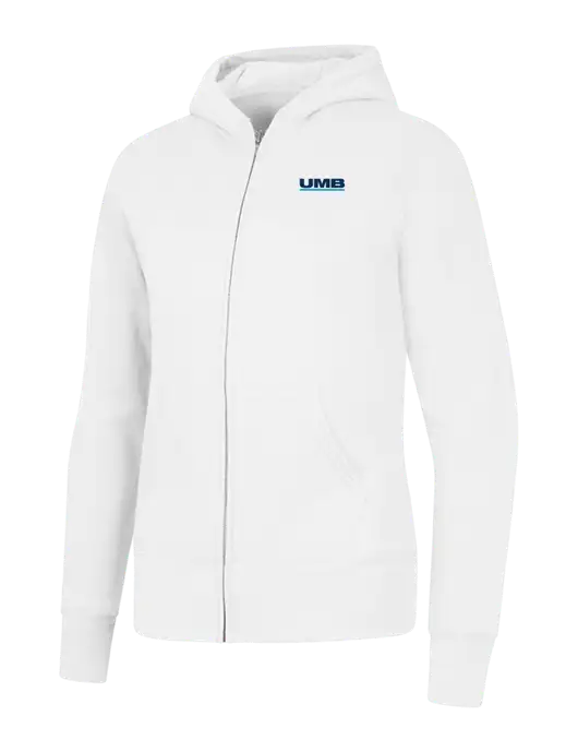 White Womens Core Fleece Full-Zip Hooded Sweatshirt w/UMB Logo