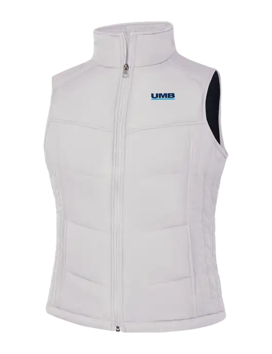 Womens White/Dark Slate Puffy Vest w/UMB Logo