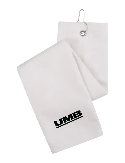 White Tri-Fold Golf Towel with Grommet w/UMB Logo