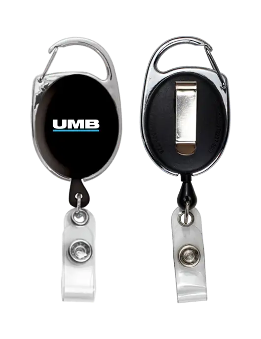 Black Carabiner Style Badge Reel and Badge Holder w/UMB Logo