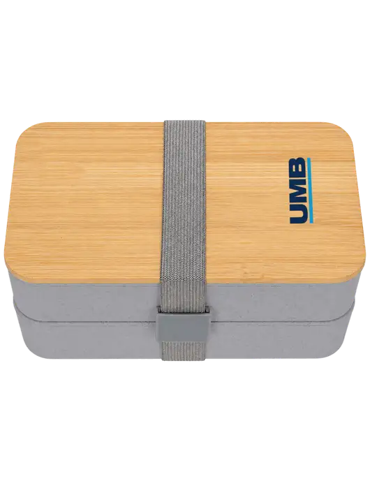 Double Decker Light Medium Grey Lunch Box w/Eco-Friendly FSC Bamboo Lid & Reusable Utensils w/UMB Logo