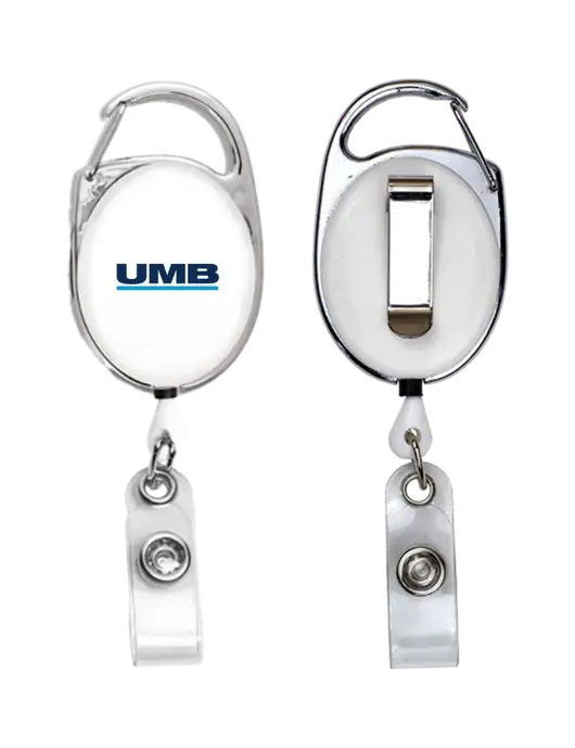 White Carabiner Style Badge Reel and Badge Holder w/UMB Logo